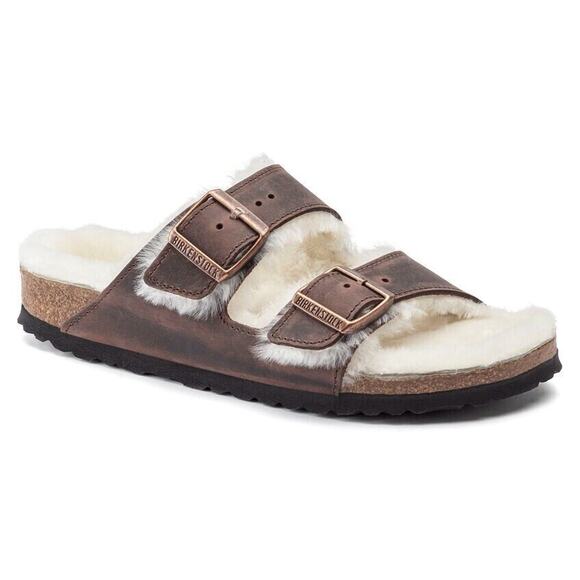 Birkenstock Arizona Shearling Oiled Leather Habana Sandals US10 EU43 1021065 - Picture 1 of 6